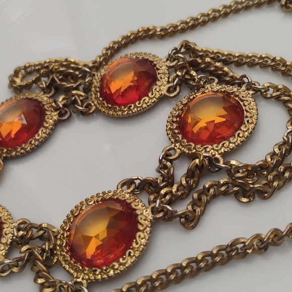 Whimsical Gold tone and Orange Layered Necklace Acrylic Gems - Picture 3 of 9